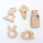 Natural Wood Teether - Ready to Ship - Dino - Milk - Ice Cream - Bunny - Camera